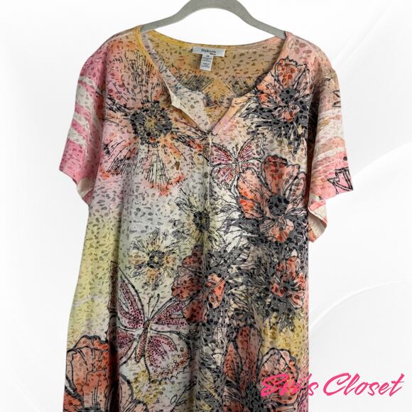 Style & Co Women's Floral & Butterflies Pink Orange With Pink Rhine Stones Sz 2x - Picture 2 of 7